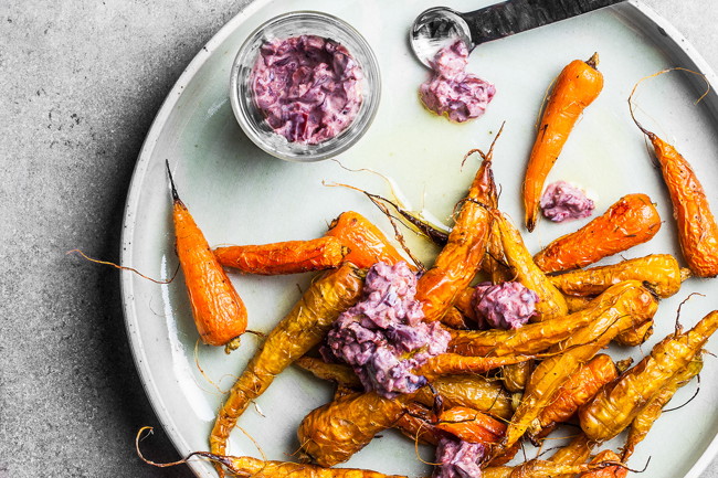 Image of roasted carrots with kalamata olive sauce