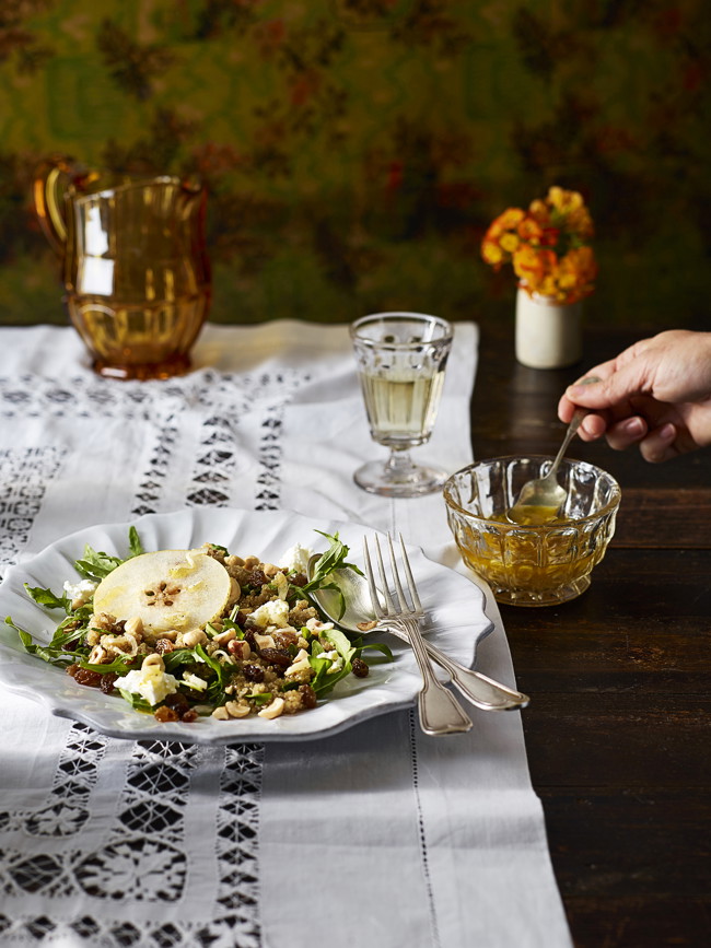 Image of roast quinoa salad with nashi pear, hazelnut, sultanas & rocket