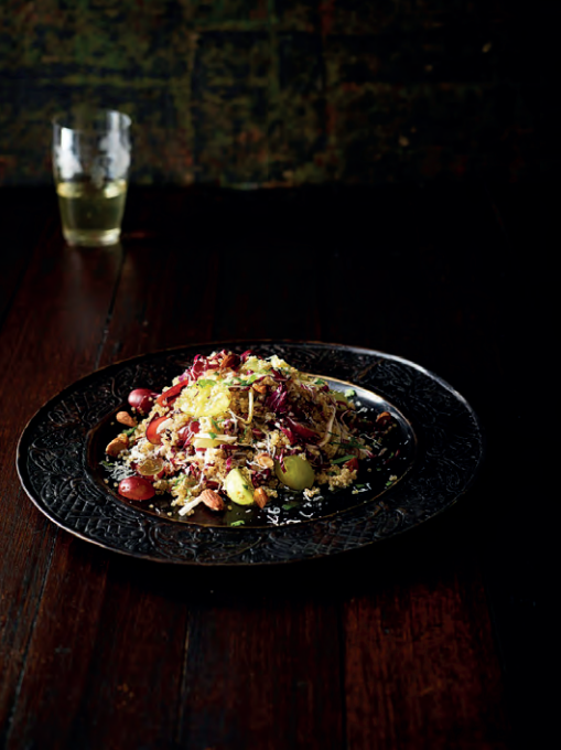 quinoa salad with grape, radicchio, almond & pecorino