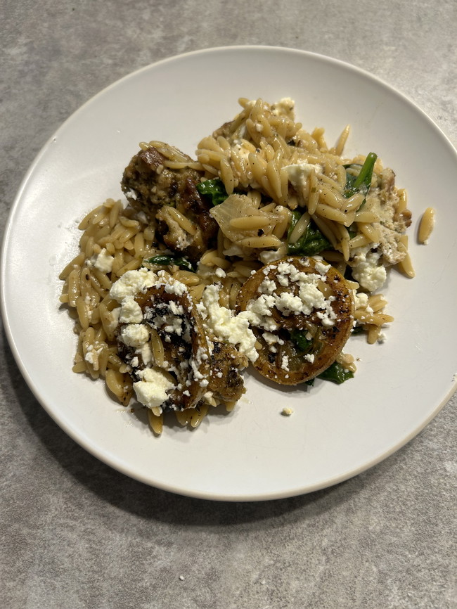 Image of Delicious Smoked Maple Chicken Meatballs with Orzo and Spinach