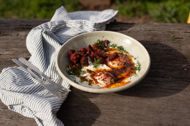 Image of turkish eggs with sujuk & chilli pressed extra virgin olive oil