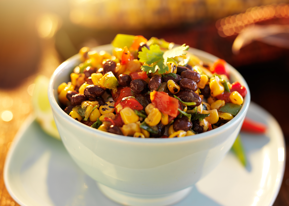Fresh Summer Salad with Grilled Corn, Black Beans, Cherry Tomatoes and Avocado