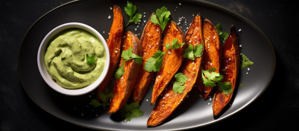 Glazed Berbere Sweet Potatoes with Cilantro Lime Crema