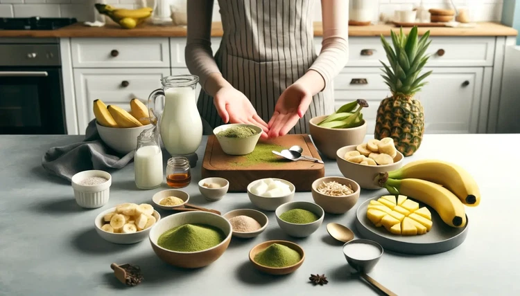 Image of Prepara tutti gli ingredienti per i frullati al matcha sul tavolo della cucina. Assicurati che l'ananas sia congelato per una consistenza ancora più ghiacciata e rinfrescante.