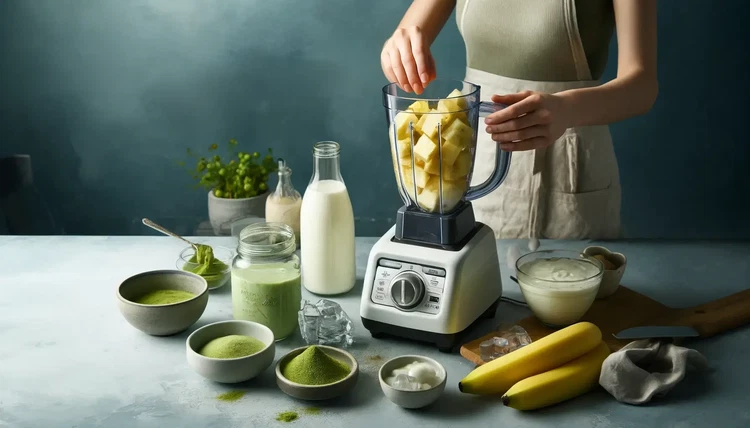 Image of In un frullatore ad alta potenza, aggiungi i pezzi di ananas congelato, la banana matura e i cubetti di ghiaccio. La frutta congelata conferirà al tuo frullato una consistenza densa e cremosa.