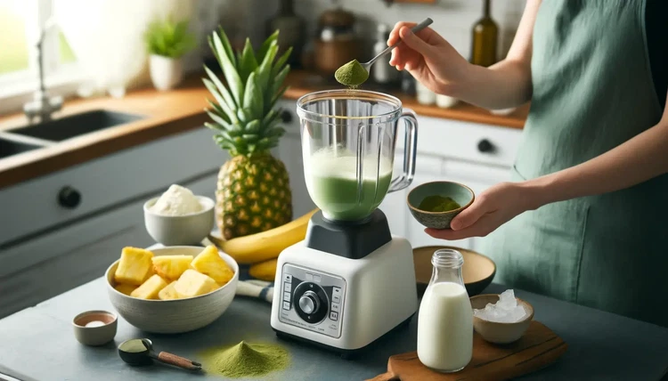 Image of Aggiungi la polvere di matcha per infondere al tuo frullato il suo vivace colore verde e il suo sapore terroso. Il matcha non solo aggiunge un gusto delizioso, ma apporta anche antiossidanti e una leggera nota di caffeina.