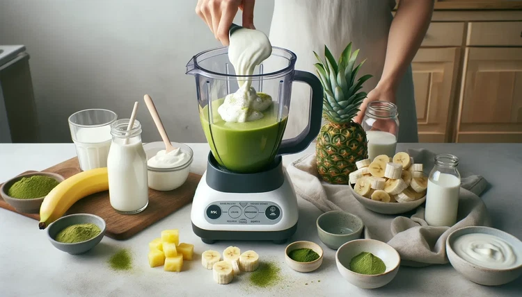 Image of Per una consistenza cremosa, aggiungi yogurt greco al frullato al matcha. Se preferisci una versione senza latticini, sostituiscilo con altro latte: che sia di latte vaccino, d'avena o di cocco, personalizzalo in base alle tue preferenze.