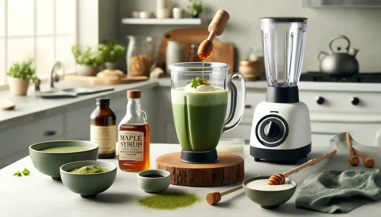 Image of Aggiungi sciroppo d'acero o miele per aggiungere dolcezza al tuo frullato al matcha. Regola la quantità in base alle tue preferenze, tenendo conto della dolcezza della frutta e del tuo gusto personale.