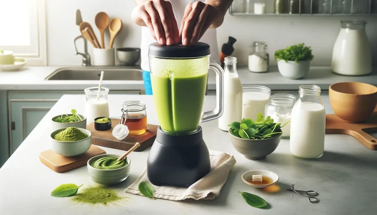 Image of Chiudi il coperchio del frullatore e frulla il tuo frullato al matcha fino a ottenere una consistenza liscia e vellutata. Assicurati che non ci siano grumi e che il colore verde brillante sia distribuito uniformemente.