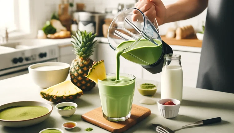 Image of Versate il vostro Matcha Smoothie in un bicchiere, guarnite con una fetta di ananas o una spolverata di polvere di matcha, se lo desiderate, e assaporate i sapori rinvigorenti.