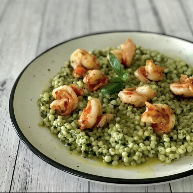 Image of prawns with pesto & couscous