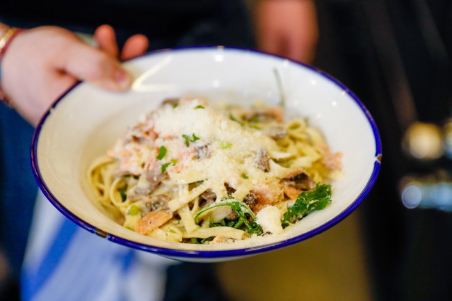 Image of smoked salmon, fried capers & lemon oil with fresh fettuccine