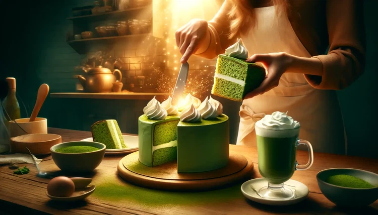 Image of Taglia la tua torta al matcha in porzioni e servila con una cucchiaiata di panna montata o una spolverata di zucchero a velo. Accompagnala con una tazza di tè verde caldo per un'esperienza di gusto matcha ancora più appagante.