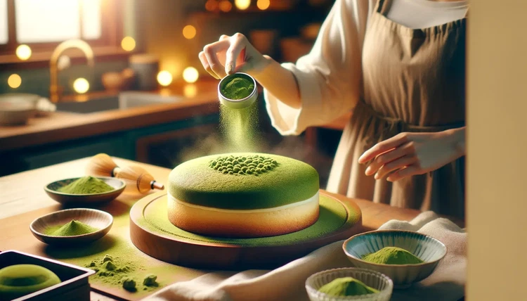 Image of Lasciate raffreddare la torta nella teglia per 10 minuti prima di trasferirla su una griglia per farla raffreddare completamente. Una volta raffreddata, potete spolverare la superficie con un po' di polvere di matcha per un tocco decorativo.