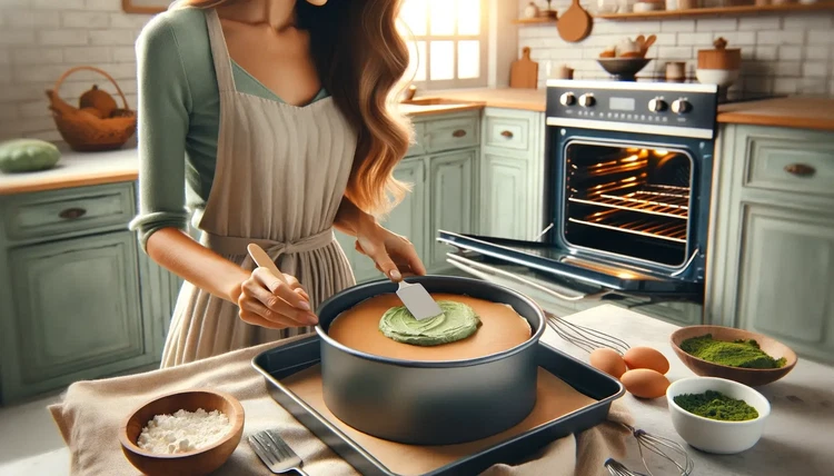 Image of Versate l'impasto nella tortiera preparata, livellando la superficie con una spatola. Cuocete in forno preriscaldato per 30-35 minuti, o finché uno stuzzicadenti inserito al centro non ne esce pulito.