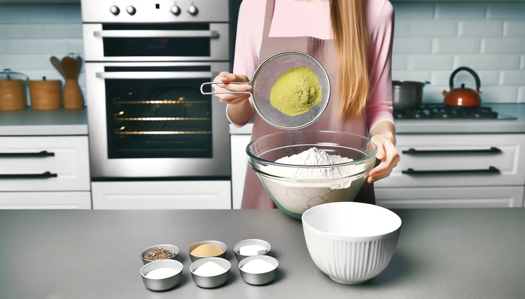 Image of In una grande ciotola, setacciate la farina per dolci, la polvere di matcha, ½ tazza di zucchero bianco, il lievito e il sale. Setacciare per ottenere un composto liscio e ben amalgamato.