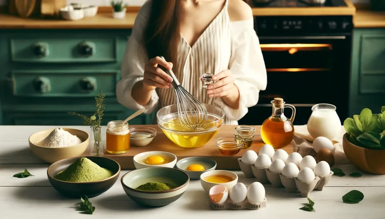 Image of In un'altra ciotola, sbatti insieme i tuorli d'uovo, l'olio vegetale, l'acqua, il miele e l'estratto di vaniglia fino a ottenere un composto omogeneo.