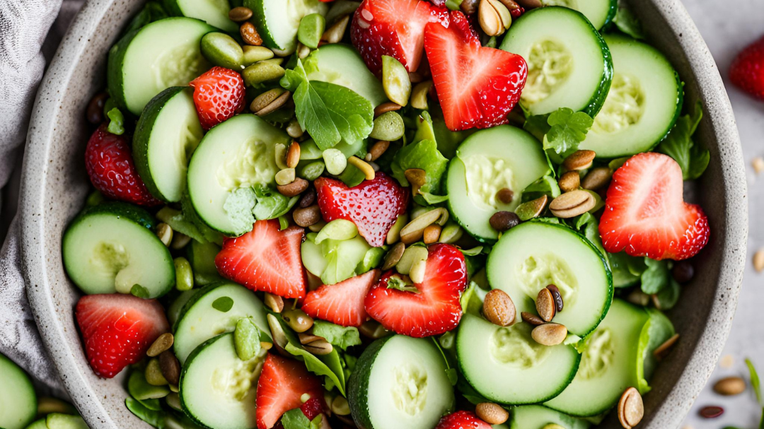 A salad made with sliced strawberries and cucumbers topped with pumpkin seeds