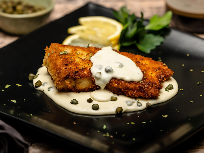 Panko Crusted Halibut with Lemon Caper Sauce