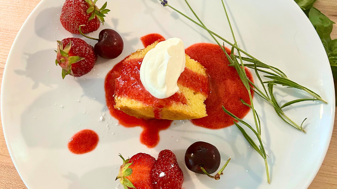 Image of Meyer Lemon Olive Oil Cake with Berry-Cherry Balsamic Sauce