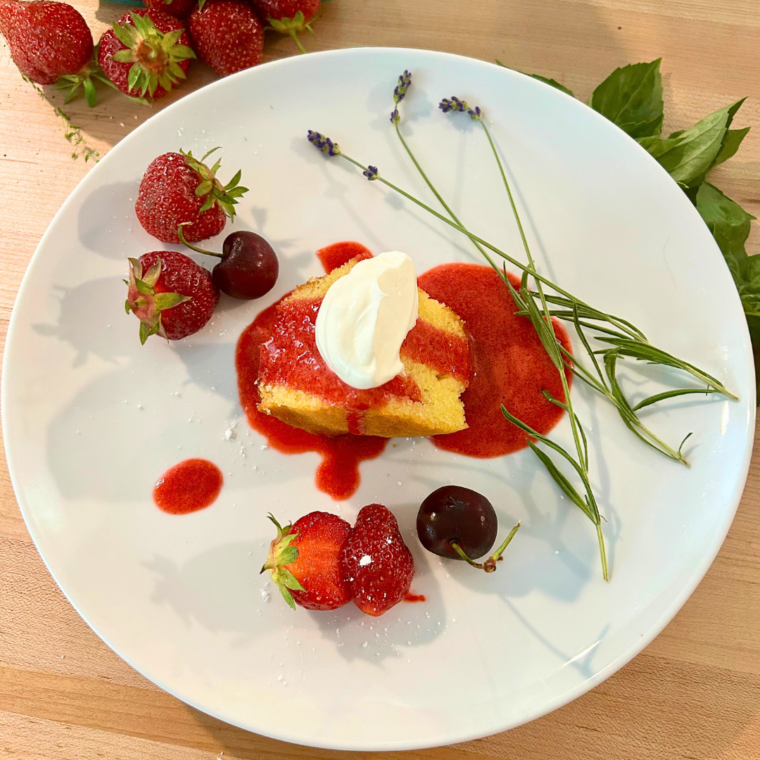 Meyer Lemon Olive Oil Cake with Berry-Cherry Balsamic Sauce