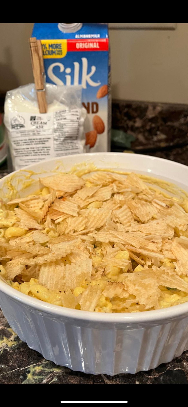 Casserole dish of tuna noodle casserole
