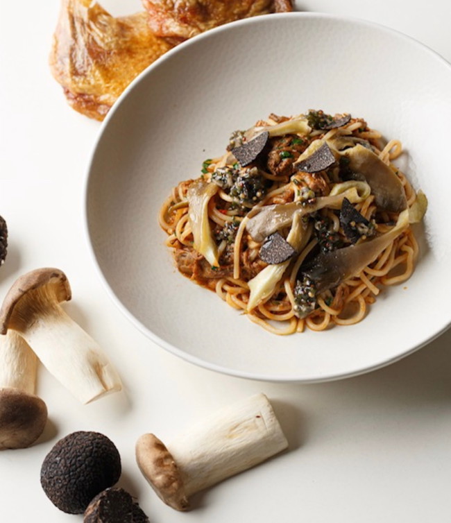 Image of spaghetti with olive oil braised chicken & truffle vinaigrette