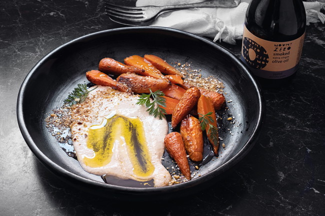 Image of roasted carrots with walnut purée & smoked extra virgin olive oil