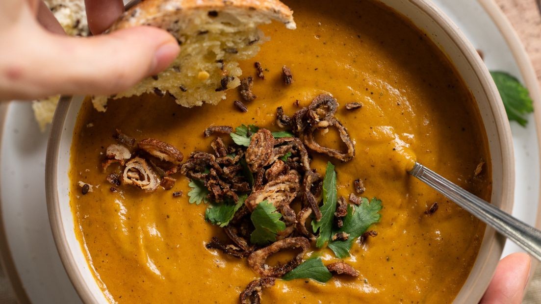 Image of Moroccan Pumpkin Spiced Soup with Fried Shallots