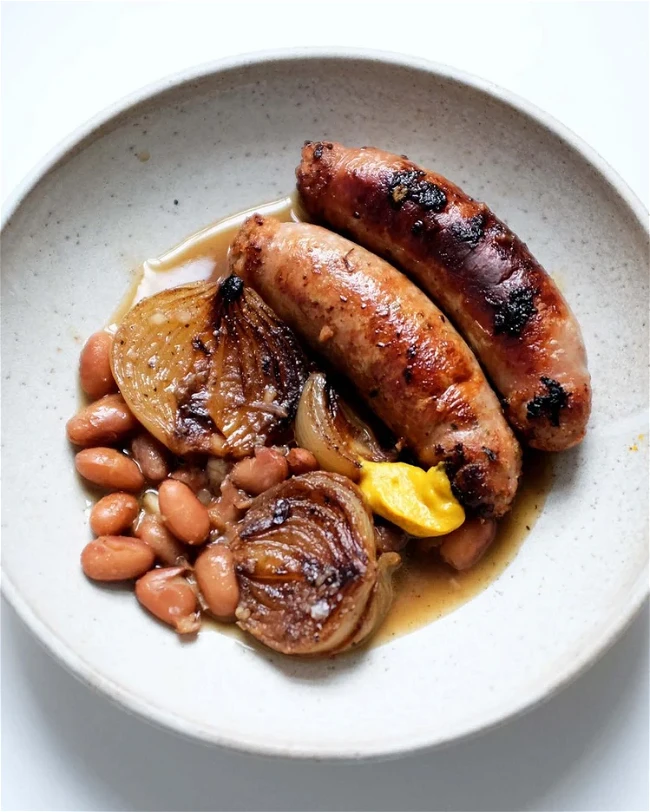 Image of Borlotti Beans, Browned Onions + Sausages