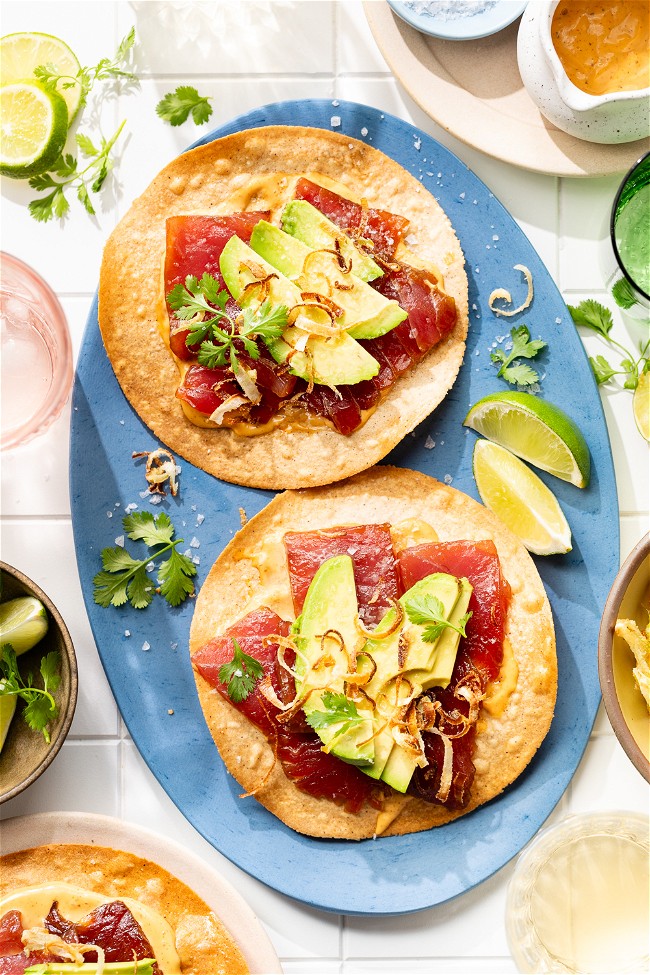 Image of Chipotle Ranch Tuna Tostadas with Crispy Leeks