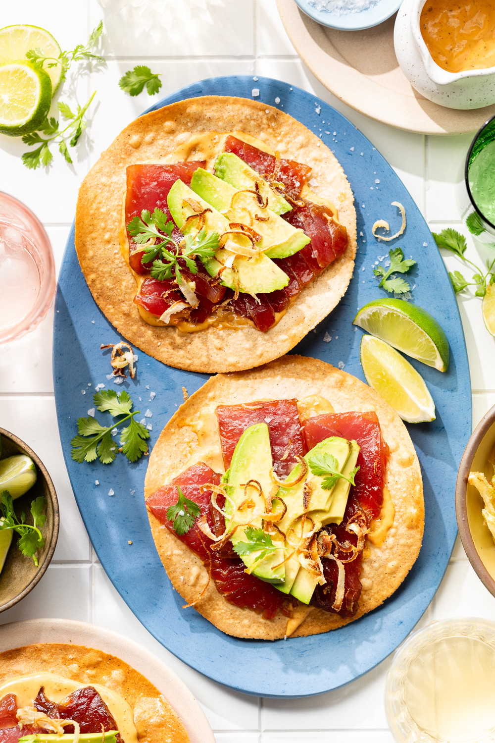 Chipotle Ranch Tuna Tostadas with Crispy Leeks