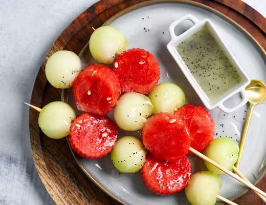 Image of Watermelon Canary Kebabs with Lime Poppy Seed Dressing