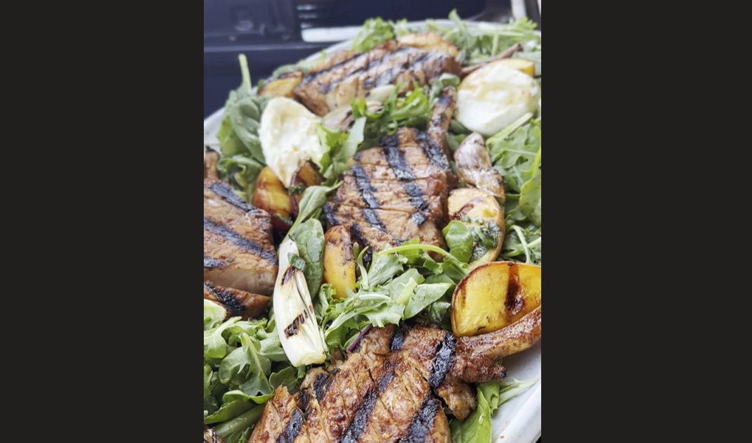 Hot Honey Pork Chops w/ Grilled Peaches & Burrata Salad
