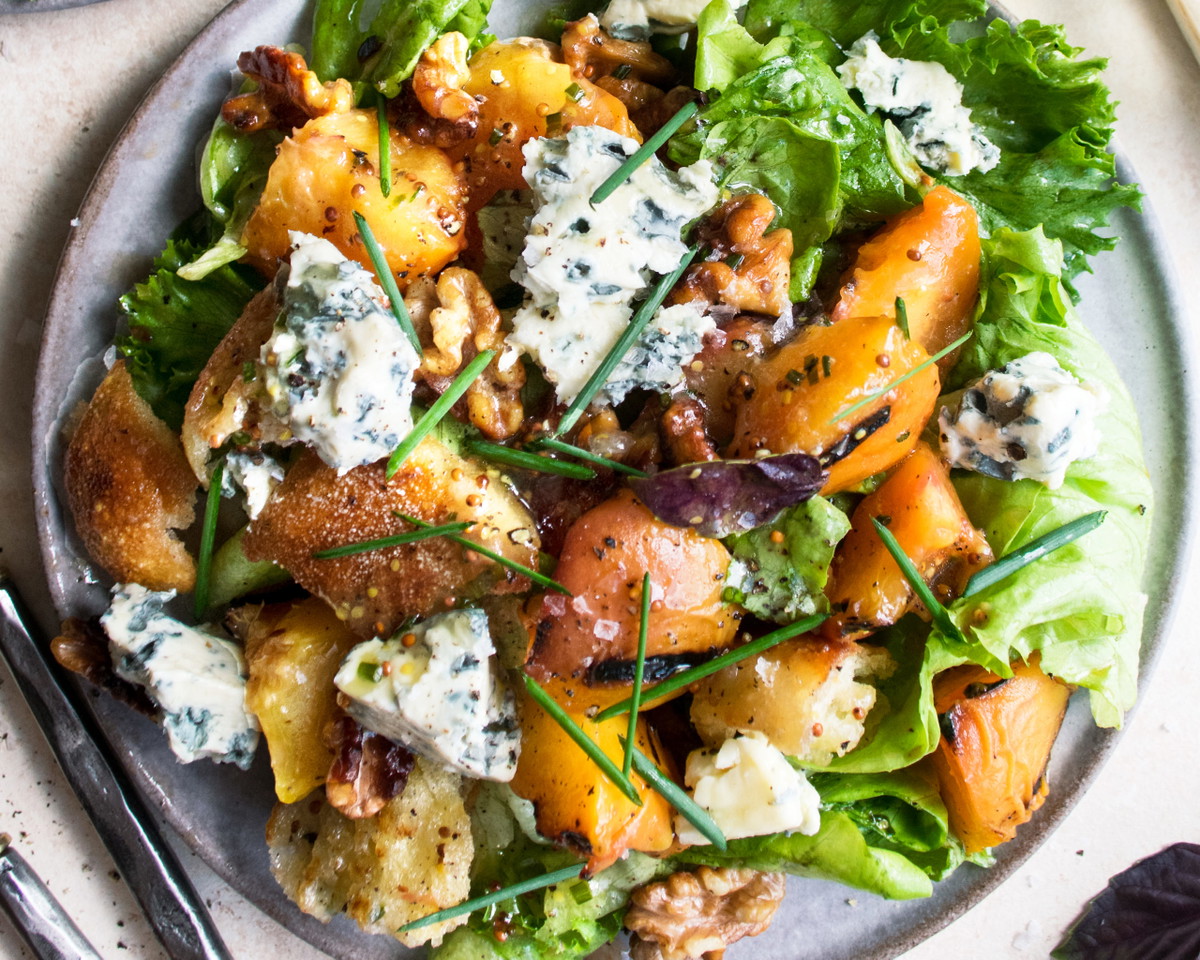 Grilled Peach Salad w/ Candied Nuts and Feta