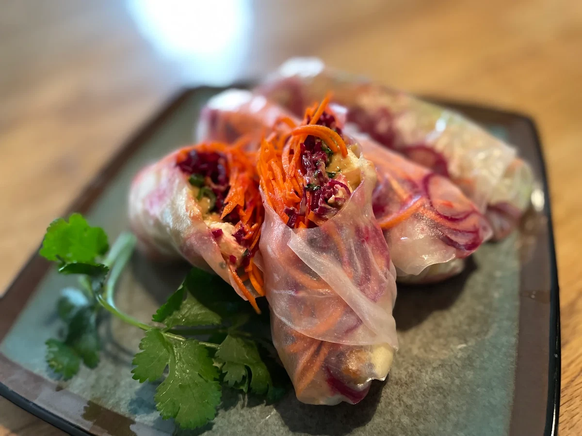 Thai Honey Ginger (Chicken or Tofu) Rice Wraps with Spicy Sesame Peanut Sauce