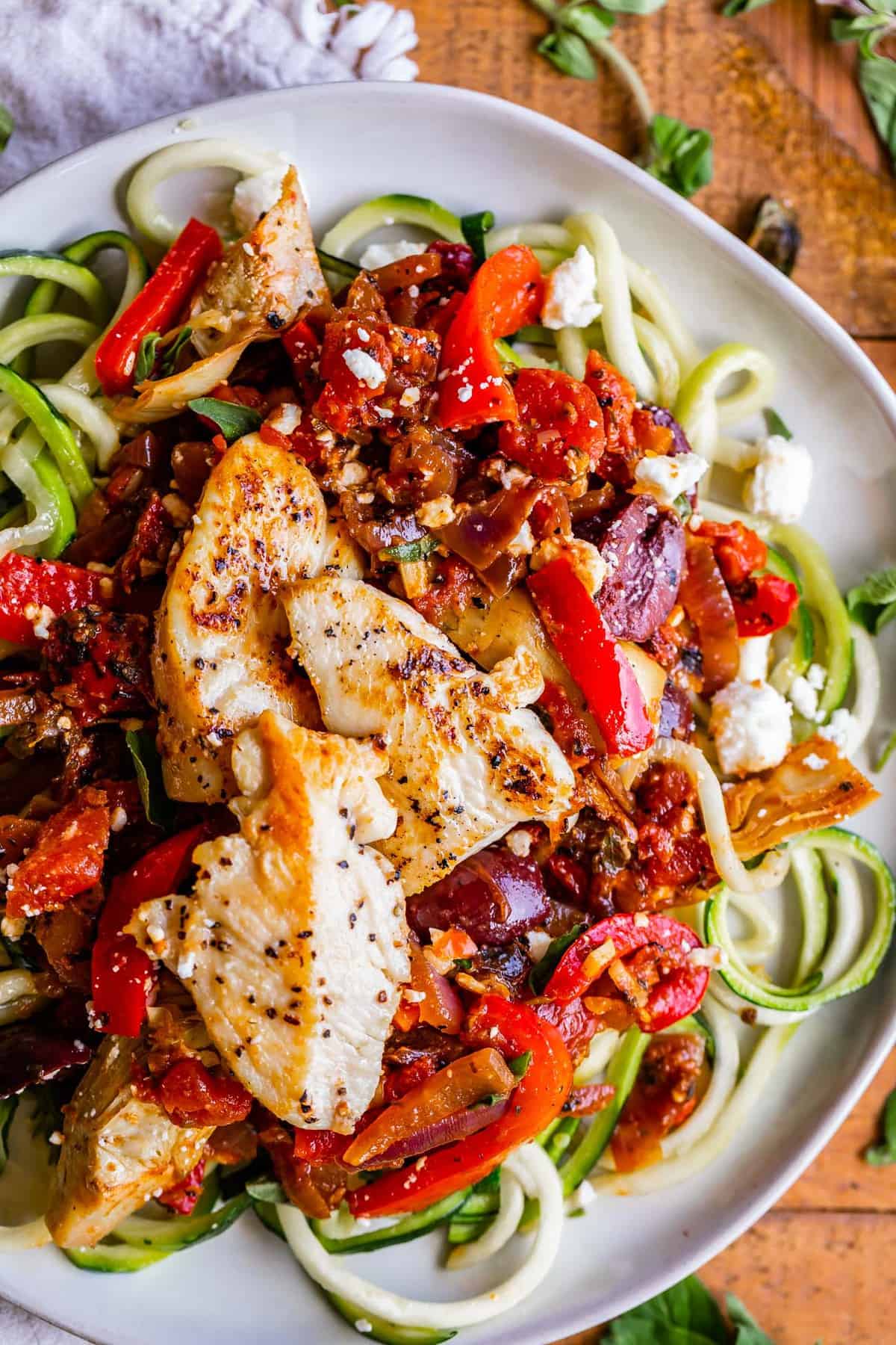 Spicy Calabrian Pesto "Zucchini" Pasta w/ Chicken & Kalamata Olives