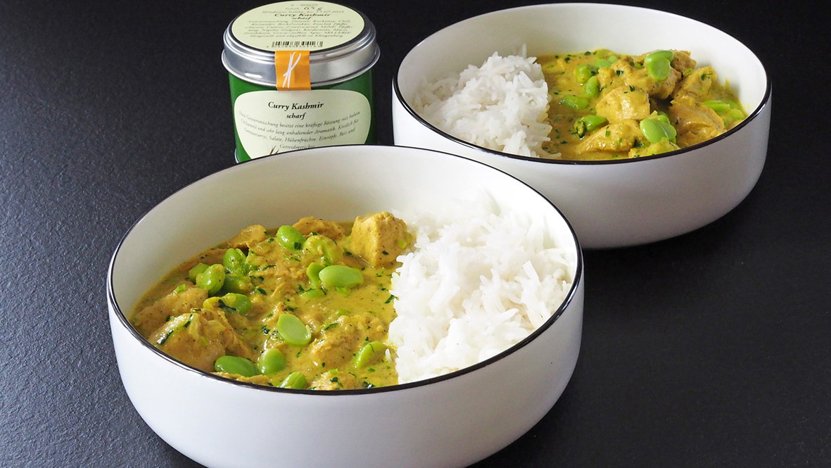 Image of Hühnchen-Kokos-Curry „Kashmir“ mit Sojabohnen und Basmati Reis