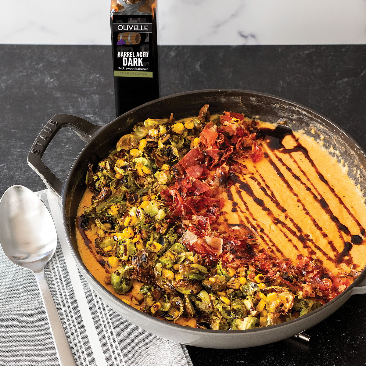 Creamy Polenta With Crispy Pancetta, Brussel Sprouts, And Corn