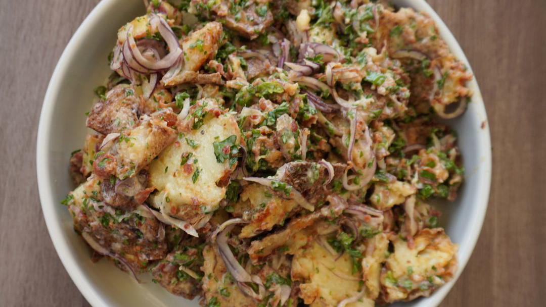 Image of Smashed Potato Salad with Crispy Prosciutto