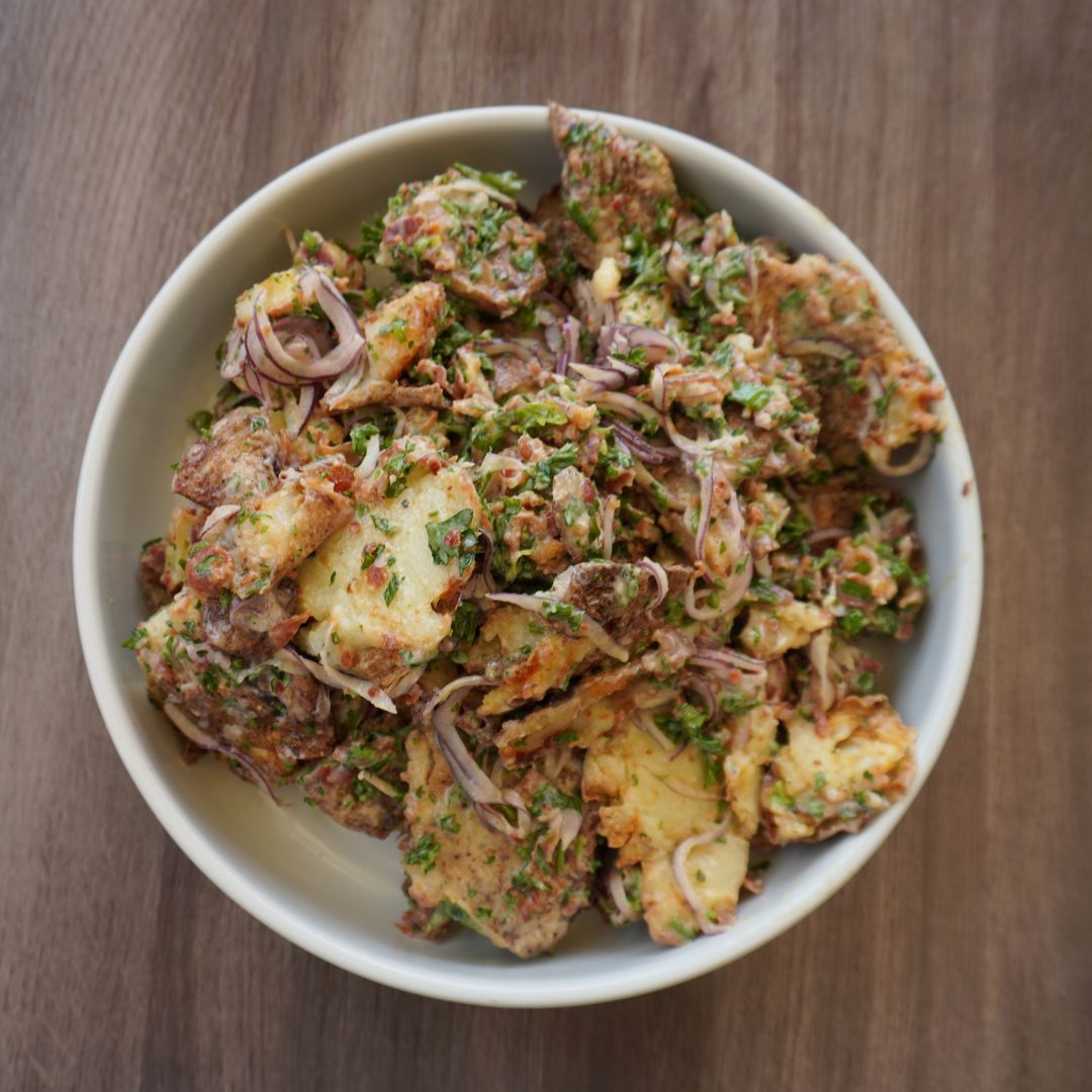 Smashed Potato Salad with Crispy Prosciutto