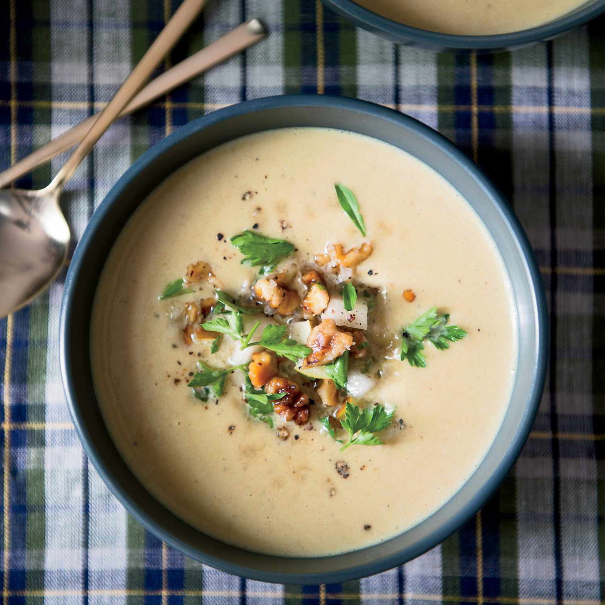 Roasted Pear & Parsnip Soup w/ Black Garlic & Ginger Olive Oil