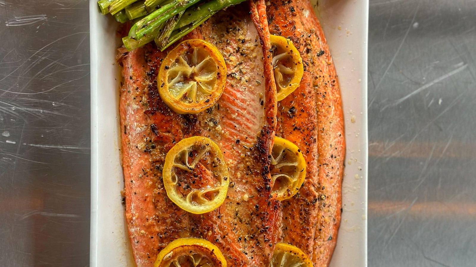 Image of Sockeye Salmon with Thyme Butter and Asparagus