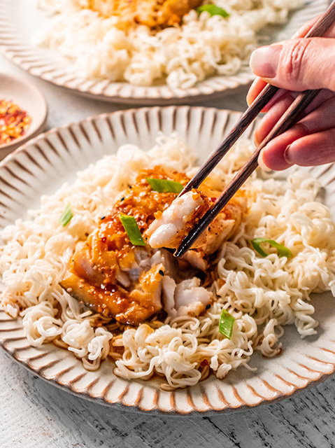 Image of Serve sablefish over ramen noodles drizzled with sauce and topped...