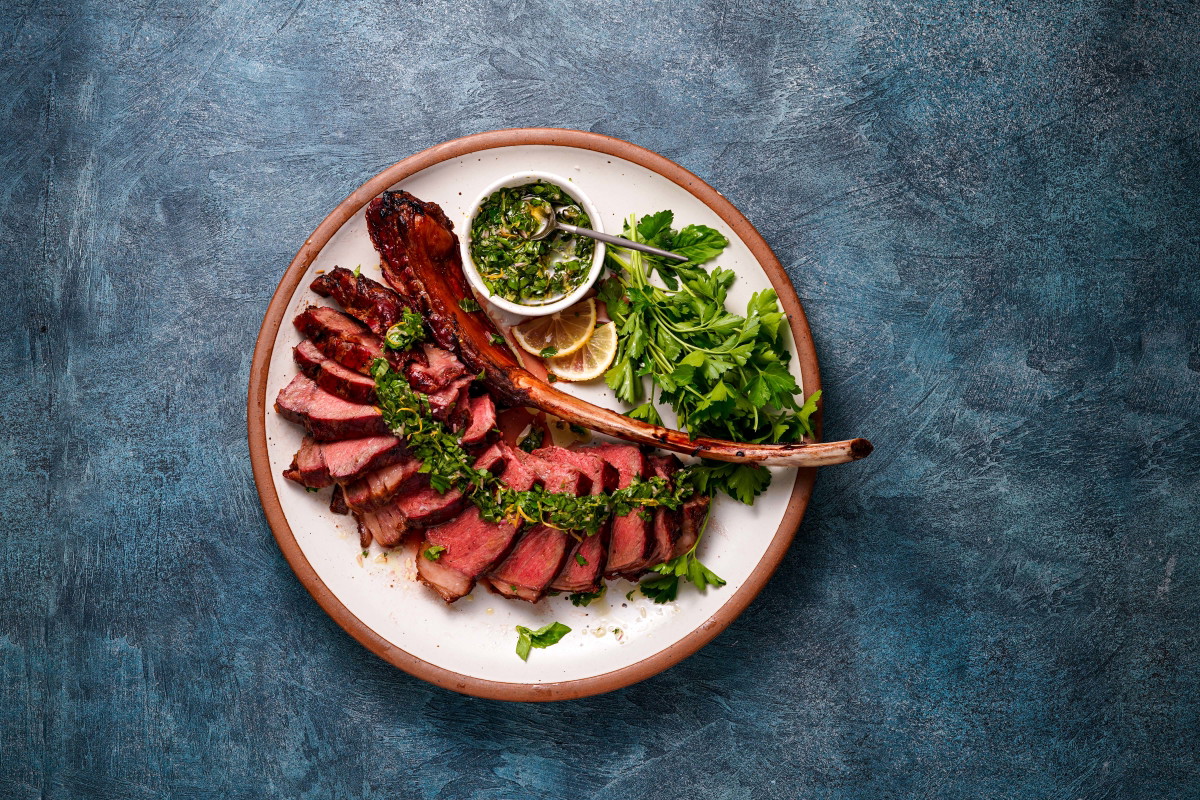 Reverse Seared Tomahawk with Lemon Basil Salsa Verde