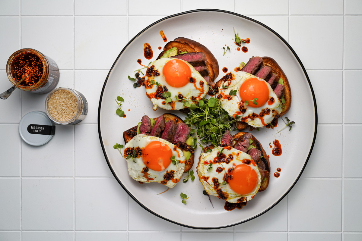 Steak and Egg Avocado Toast with Chili Crisp