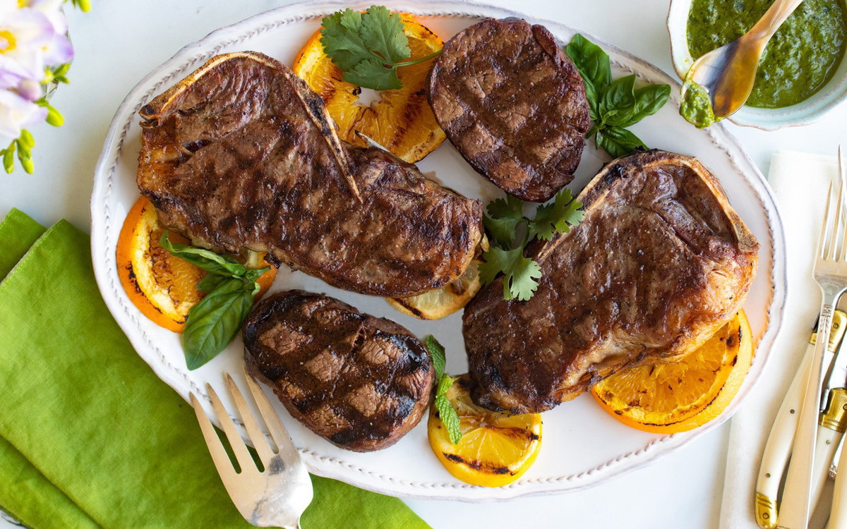 Grilled NY Strip Steak and Filet Mignon with Citrus Caper Herb Sauce