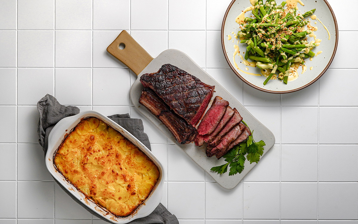 Steakhouse Delmonico with Potatoes Gratin and Asparagus