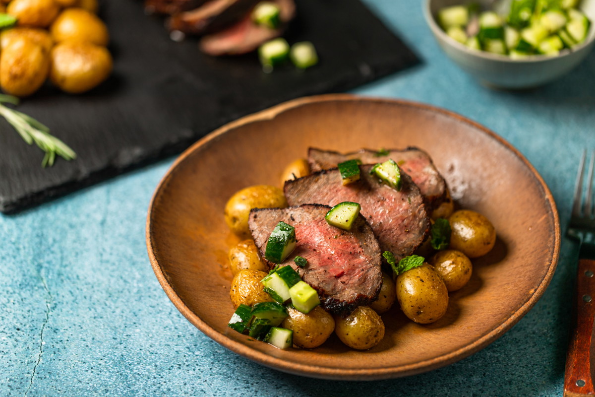 Tri-Tip with Marinated Cucumbers & Tallow Cooked Potatoes