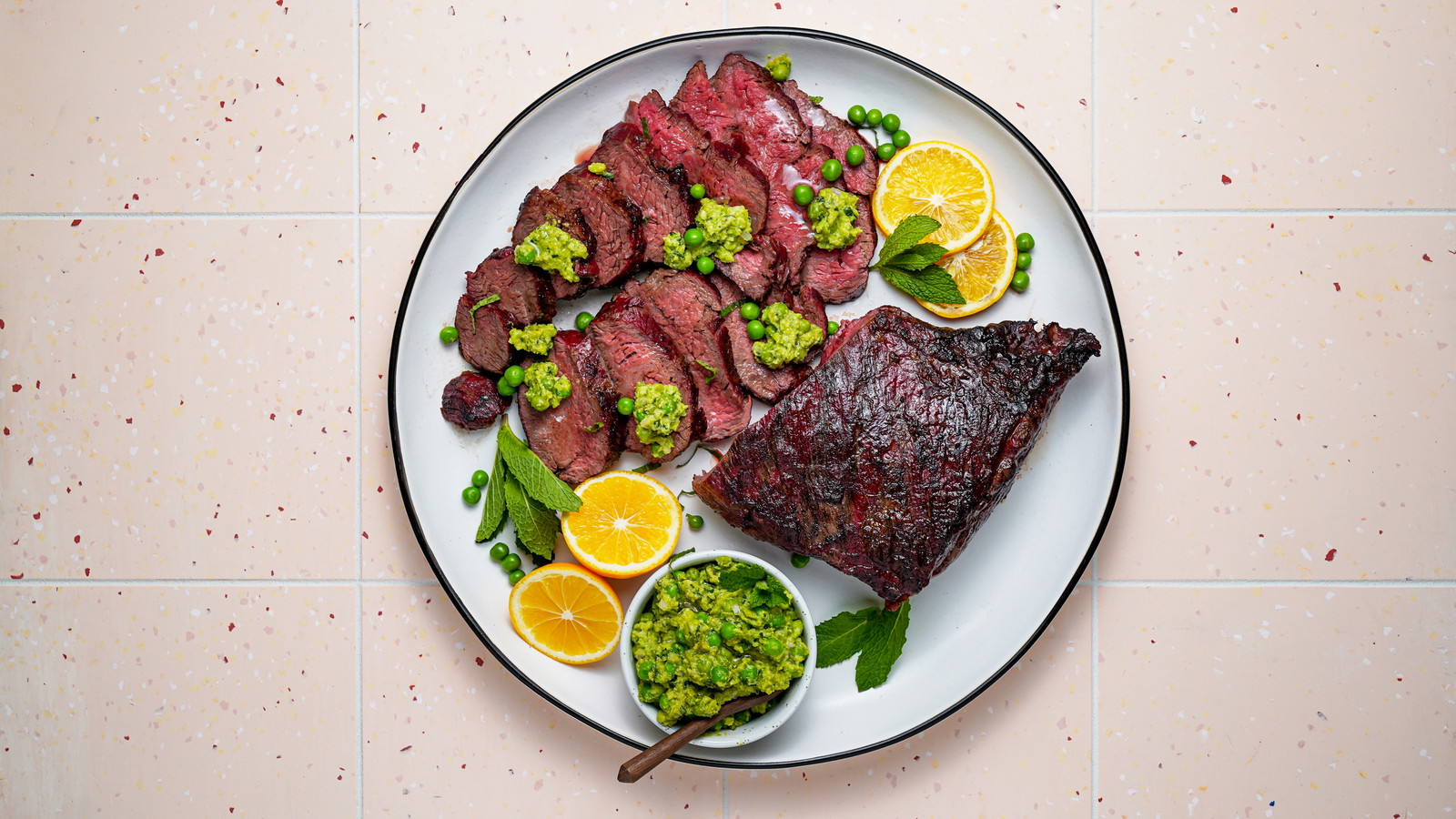 Smoked Tri-Tip with Mint and Meyer Lemon Smashed Peas